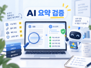 AI 요약 검증을 표현한 원문 대조와 돋보기 일러스트