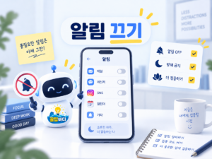 스마트폰 알림 끄기를 표현한 설정 화면과 로봇 일러스트