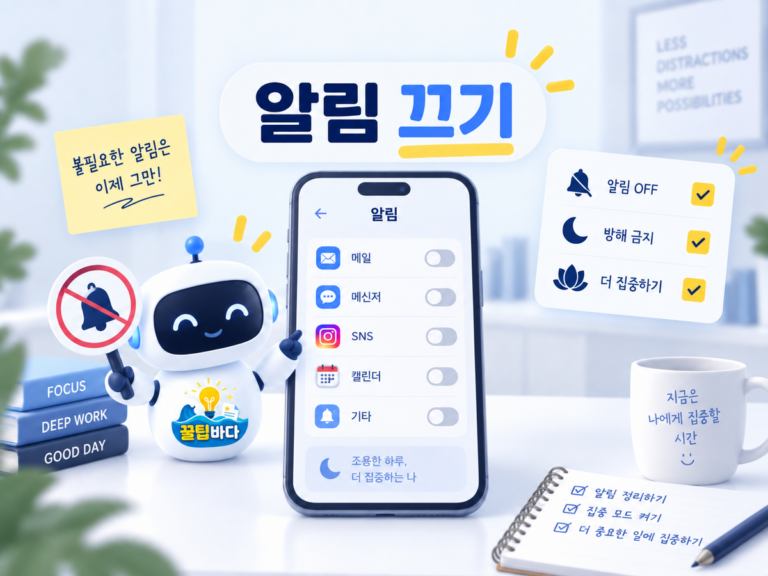 스마트폰 알림 끄기를 표현한 설정 화면과 로봇 일러스트